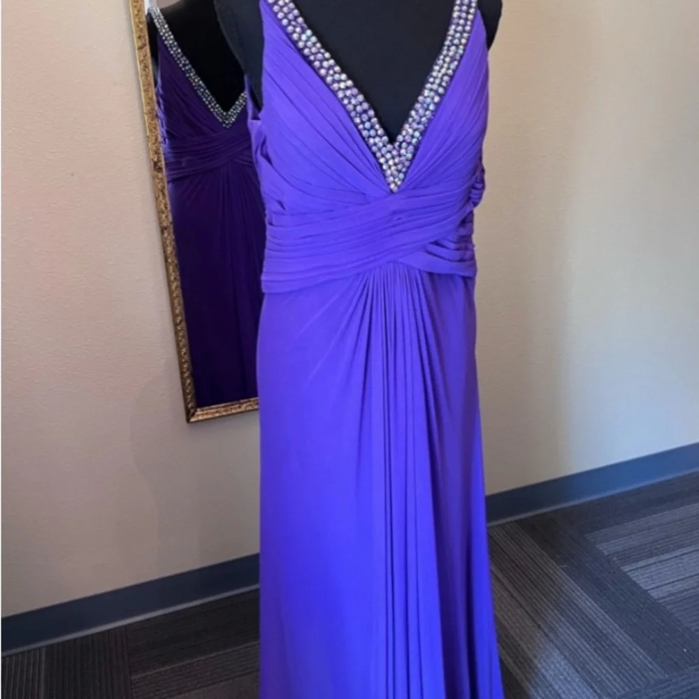 La Femme Purple Ruched Embellished Prom Gown - Picture 1 of 4